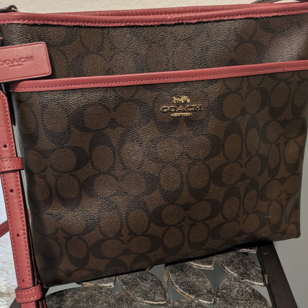 Coach Pink & Brown Signature File Crossbody